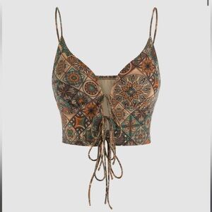 Cider tie front boho paisley lace up tank top XS